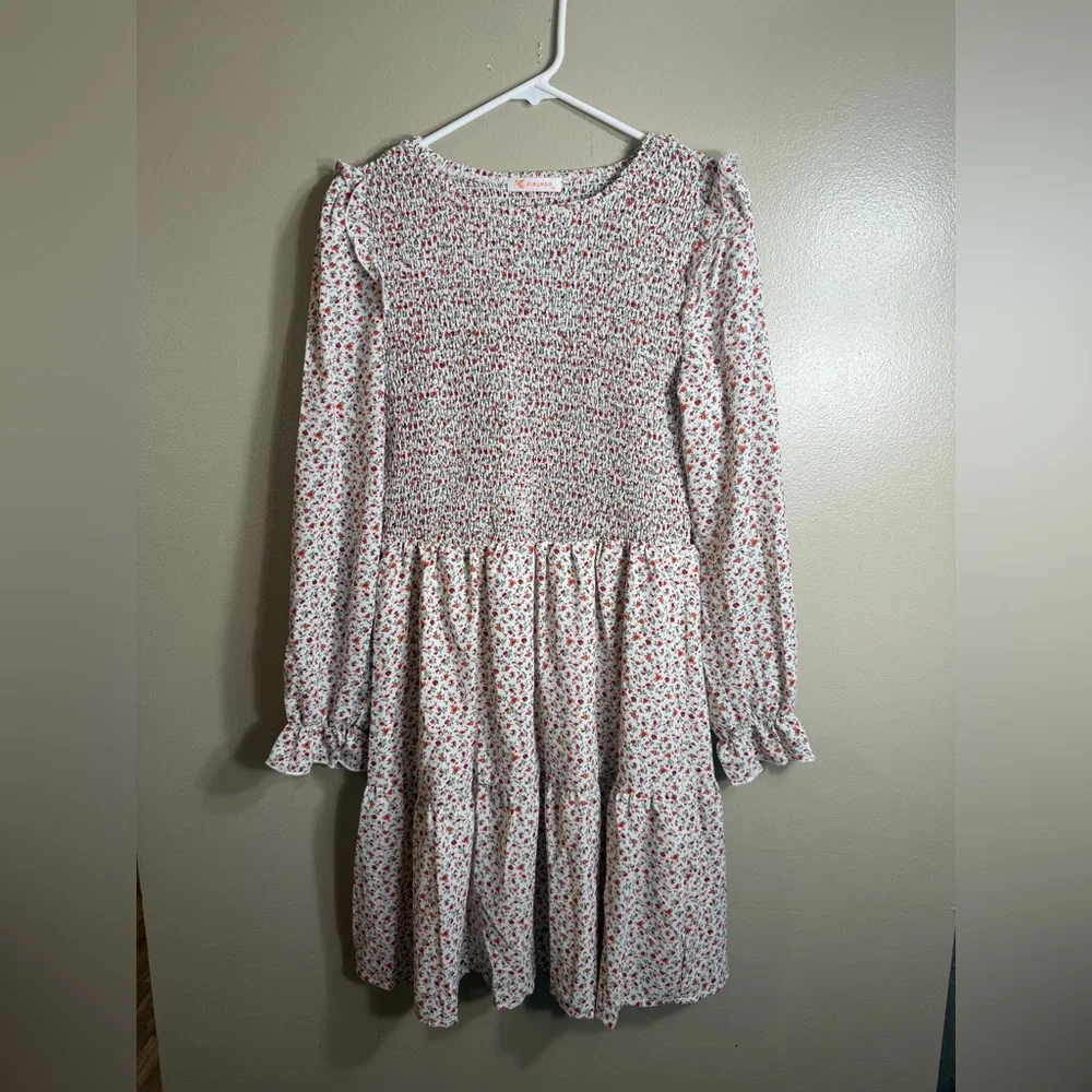 Kirundo Smocked Floral Mini Dress Cottagecore Puff Sleeve Ruffle Hem M